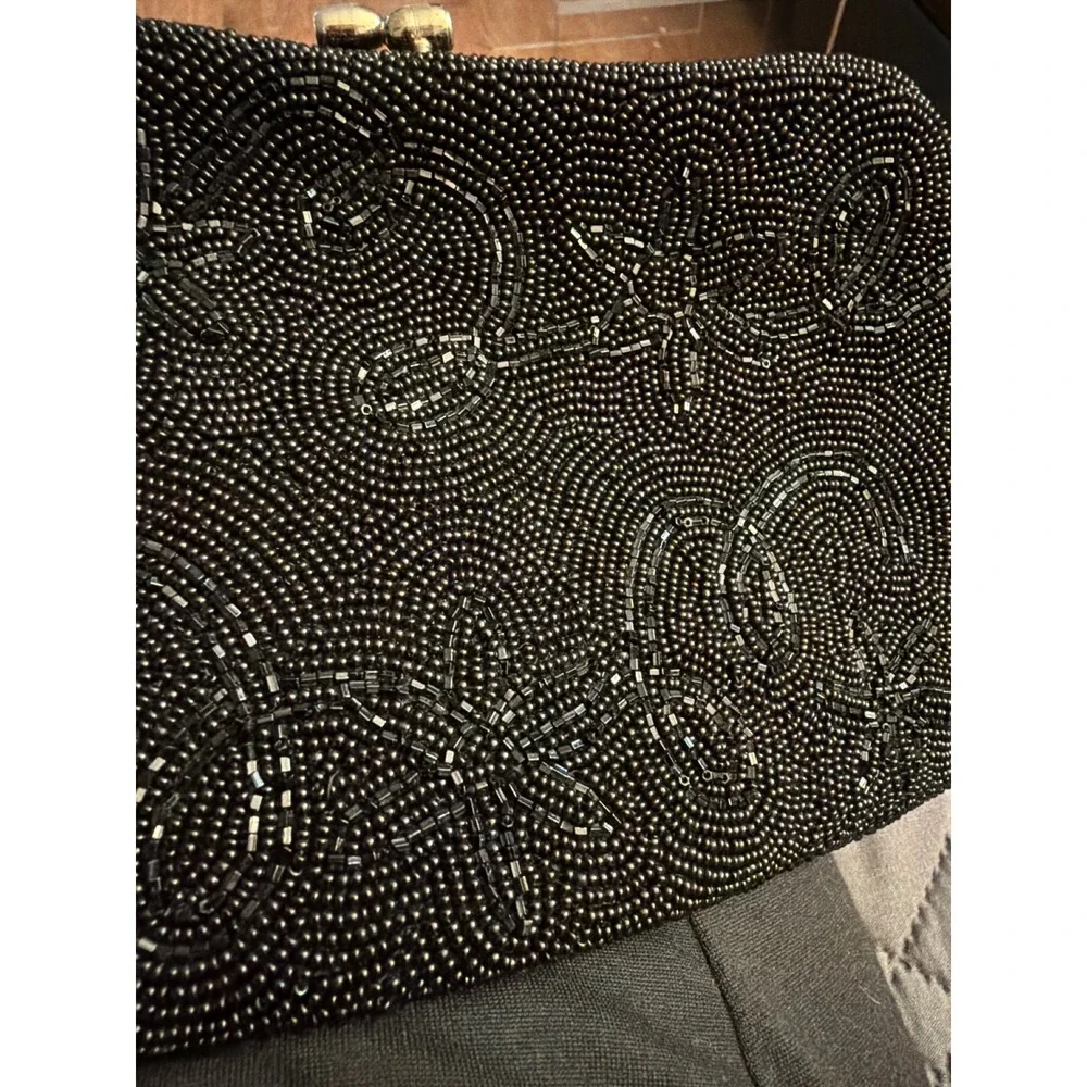 Vintage Black Beaded Floral Clutch Evening Bag Made in Japan Kiss Lock Purse